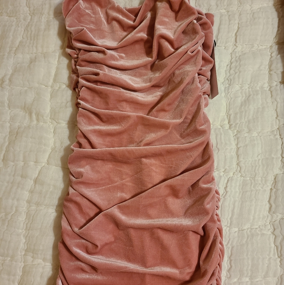 Ruched Pink Velvet Mini Dress NWT - Picture 2 of 3